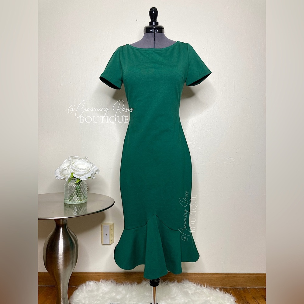 Small Green Vfemage Midi Fishtail Mermaid Dress w Short Sleeves Vintage Bodycon